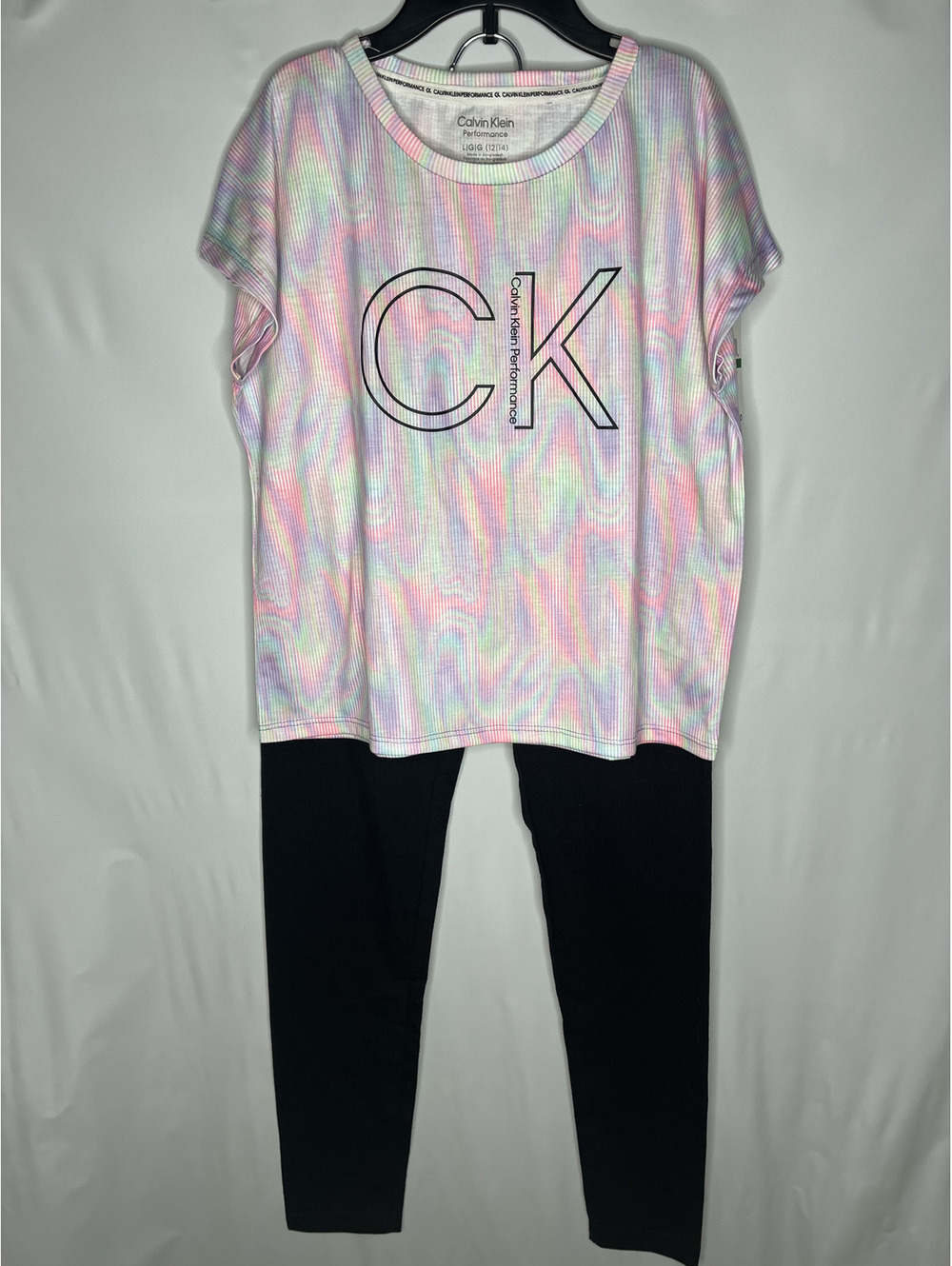 NWT Calvin Klein Girl's Multicolor/Short Sleeve Shirt & Leggings 2 Pc. L(12-14)